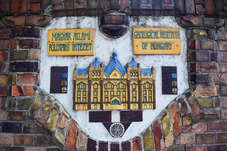 Budapest, Hungary - July 4, 2018: The sign on building of the Geological Institute.のeditorial素材