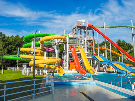 Zalakaros, Hungary - June 4, 2018: Water slides  in the Granit Spa and Adventure Bath.のeditorial素材