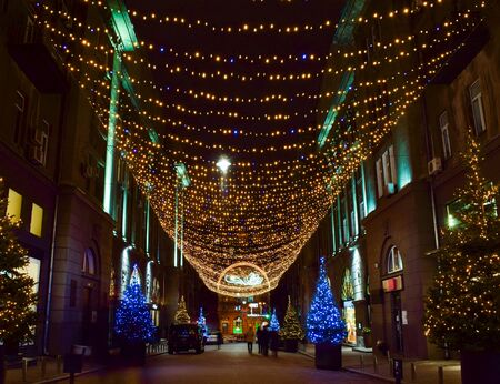 Festive illuminations of Kiev, evening Khreschatyk, Ukraine.の写真素材