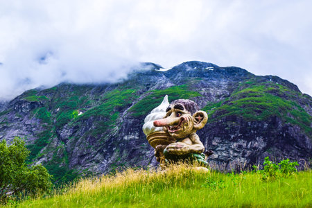 Andalsnes, Norway - June 27, 2019: Troll Sculpture, at foot of Trollstigen (Troll Stairs), a serpentine mountain road that is popular tourist attraction due to its eleven hairpin bends up mountainsideのeditorial素材