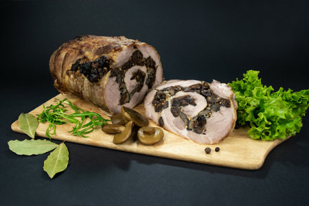 Baked meatloaf pork with prunes and mushrooms cut into pieces on a cutting board decorated with spices, bay leaves, arugula and marinated mushrooms on a black background.の写真素材