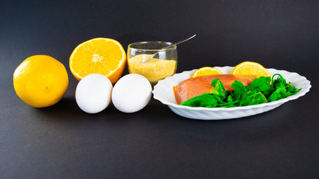 Foods containing collagen. Gelatin, eggs, fish, greens, citrus fruits containing collagen and are...
