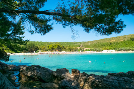Plavi Horizonti beach, Montenegro - June 28, 2021: Vacationers on the sandy beach with clean water surrounded by a pine forest is great for children. Summer sunny landscape. Radovici. Tivat bay.のeditorial素材