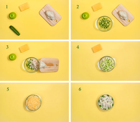 Step-by-step recipe for making an appetizer salad of chicken fillet, apple, fresh cucumber and...