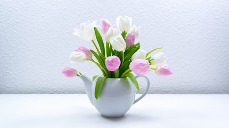 Fresh natural tulip flowers grow from white teapot. Creative concept of love, femininity, elegance or arrival of spring, as well as romantic tea party. Copy space.の写真素材