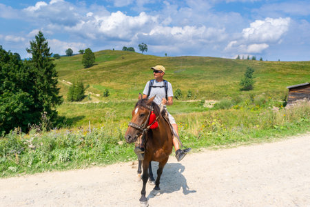 Man riding a horse rides along a dirt mountain road past green meadows and trees. Summer sunny rural landscape.の写真素材