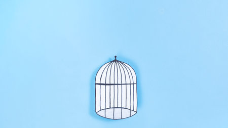 Concept of gaining freedom, removing limiting attitudes, beliefs, liberation from the cage. Drawn bird cage. Blue background. Flat lay.の写真素材