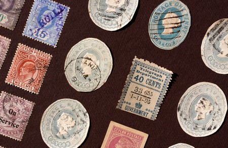 Close up of ancient old postal stampsの写真素材
