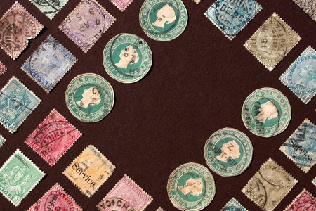 Close up of ancient old postal stampsの写真素材