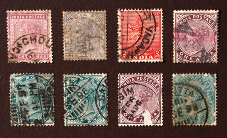 Close up of ancient old postal stampsの写真素材