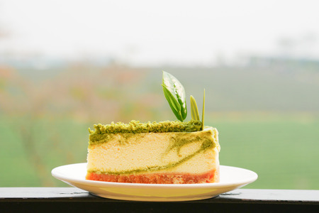 Green tea cheese cake with tea farm viewの写真素材
