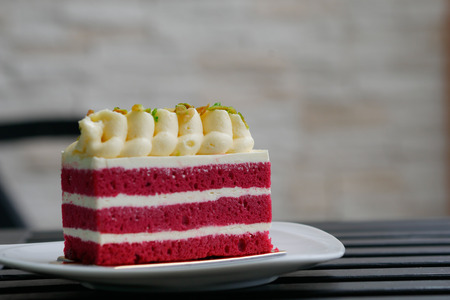 Red velvet layer cake with cream.の写真素材