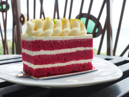 Red velvet layer cake with cream.の写真素材