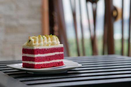 Red velvet layer cake with cream.の写真素材