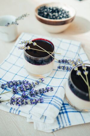 Lavender Panna Cotta with Blueberriesの写真素材