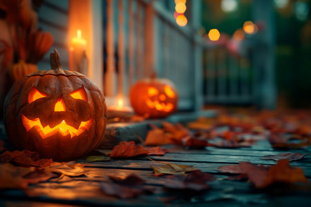 Halloween pumpkins near fence with orange lights in distanceの素材