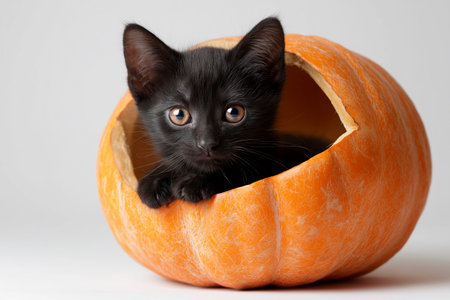 Black kitten sitting inside carved Halloween pumpkin on white backgroundの素材