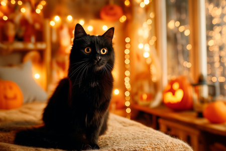 Black cat in a cozy orange Halloween decorated roomの素材