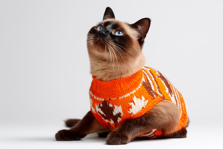 Colorpoint cat in cozy autumn sweater looking up on white backgroundの素材