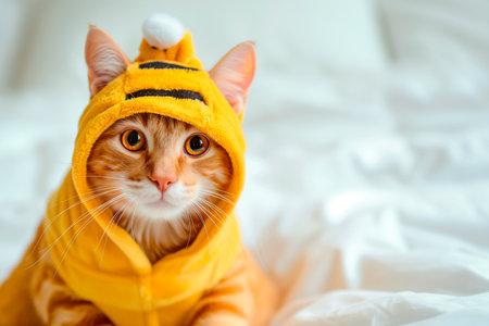 Ginger cat in yellow pajamas on white backgroundの素材