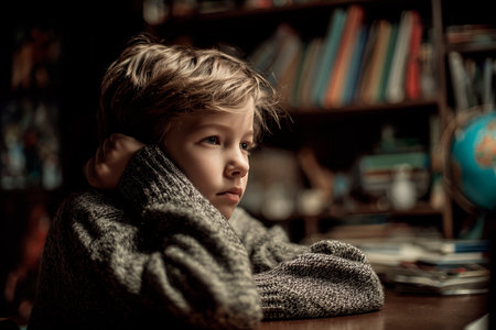 Thoughtful boy sitting at table in dim room with booksの素材