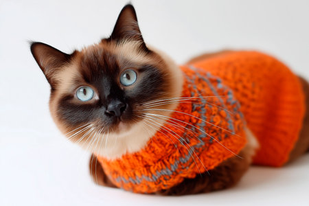 Colorpoint cat lying down looking at camera on white backgroundの素材