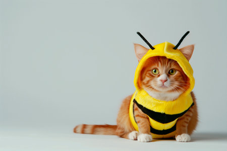 Fat ginger cat sitting in a bee costume on white backgroundの素材
