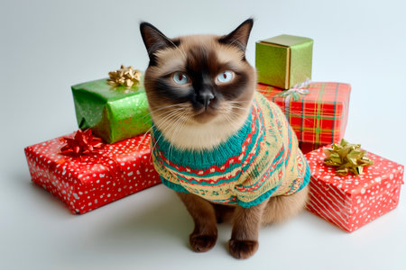 Colorpoint cat in striped sweater sitting among Christmas gifts on white background, top view angleの素材