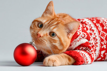 Ginger cat in red knitted sweater with Christmas bauble on white background, portraitの素材