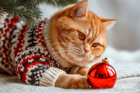 Fat ginger cat in striped sweater looking at red Christmas bauble under fir branch on white background, portraitの素材