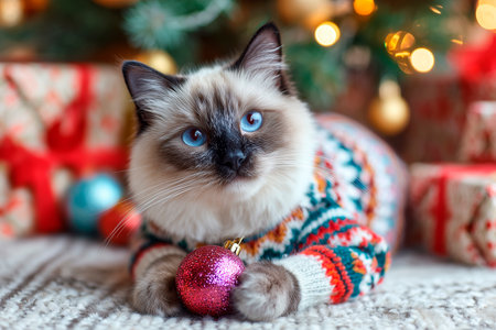 Fluffy colorpoint cat in striped sweater with pink glitter bauble lying by Christmas tree and gifts with lightsの素材