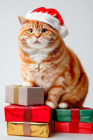 Fat ginger cat in Santa hat sitting on Christmas gifts, full body on white backgroundの素材
