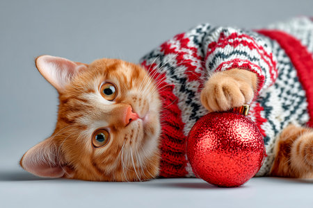 Ginger cat in Christmas sweater holding red bauble, portraitの素材