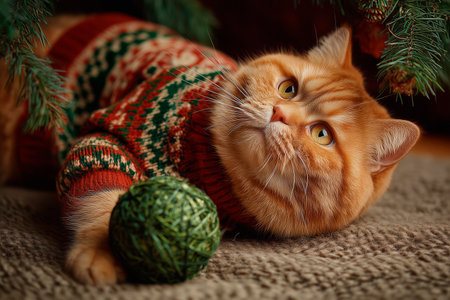 Fat ginger cat in Christmas sweater playing with green yarn ball under fir branchesの素材