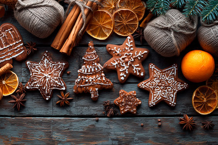 Desktop background for Christmas with gingerbread, tangerines, aniseの素材