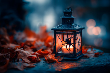 Lantern with candle and spider on autumn leaves, Halloween atmosphereの素材