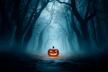 Ominous carved pumpkin with candle on forest path, Halloween atmosphereの素材