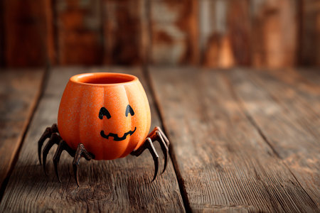 Pumpkin cup with spider legs on wooden table, Halloween conceptの素材