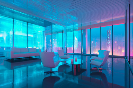 Futuristic office interior with chairs and coffee table, panoramic windows overlooking cityの素材