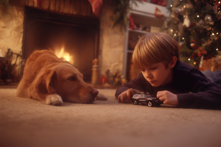 Boy playing with toy car by fireplace with dog nearbyの素材