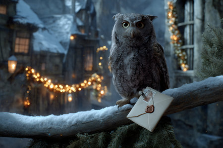 Gray owl with sealed letter near decorated Christmas houseの素材