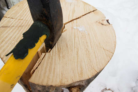 Splitting a pine log for winter firewood with an axeの写真素材