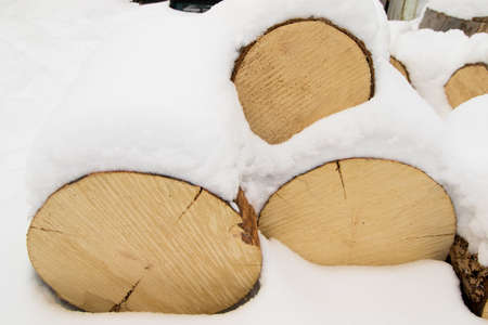 Close up of a pile of pine logs for winter firewoodの写真素材