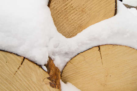 Close up of a pile of pine logs for winter firewoodの写真素材