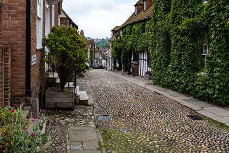 Cobble stoned road in England with overgrown cottage to the sideの写真素材