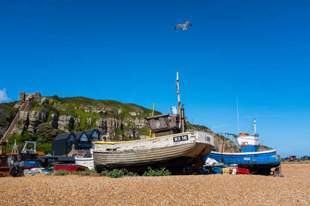 FIshing boats on the beach of Hastings United Kingdom.のeditorial素材