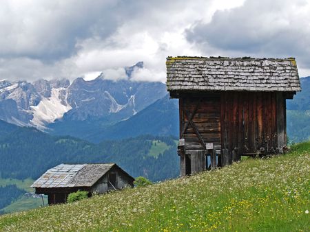 Old huts in the Dolomites, Italyの写真素材