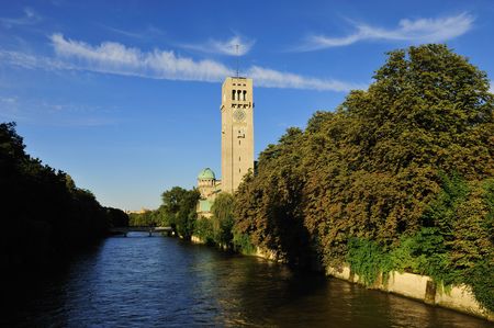 Deutsches Museum, Munich, and river Isarの写真素材