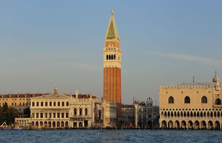 View from the Grand Canal of St Mark's Basilica, Campanile San Marco, Piazza San Marco Square and the Doges Palace in Venice, Italy, Europeの写真素材