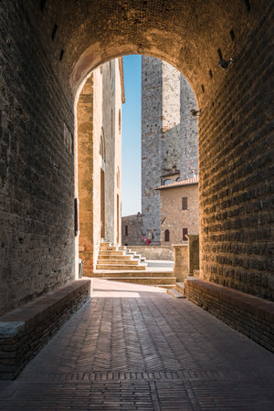 View of the famous towers from the historic center of the village of San Gimignano, a heritage of humanity, on a summer morningのeditorial素材
